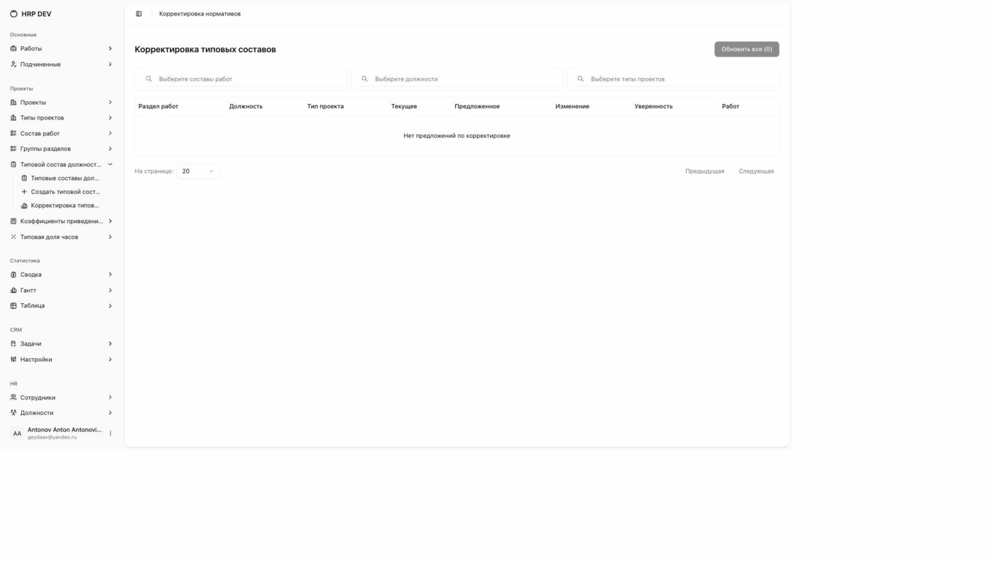 Экран корректировки нормативов